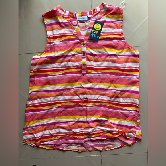 Women’s Kiwi & Fresh Tank Top pink colorful stripes sleeveless summer Rayon PL - Picture 4 of 14